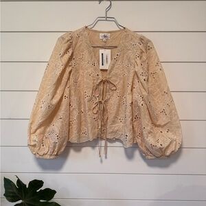 Able Cream Peach Floral Blouse Tie-Front Easter Spring Feminine Lace - Size M